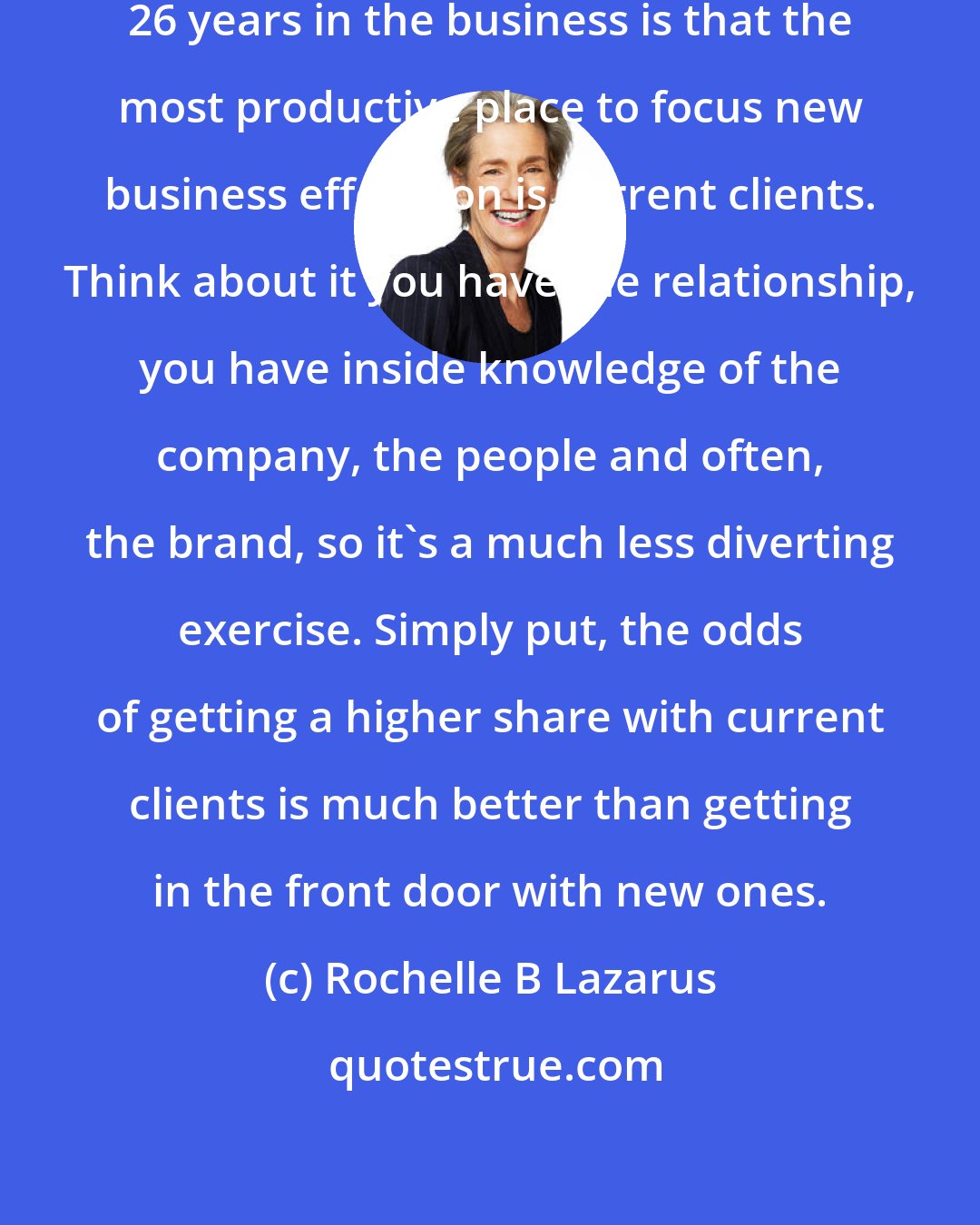 Rochelle B Lazarus: One of the things I have learned over 26 years in the business is that the most productive place to focus new business efforts on is current clients. Think about it you have the relationship, you have inside knowledge of the company, the people and often, the brand, so it's a much less diverting exercise. Simply put, the odds of getting a higher share with current clients is much better than getting in the front door with new ones.