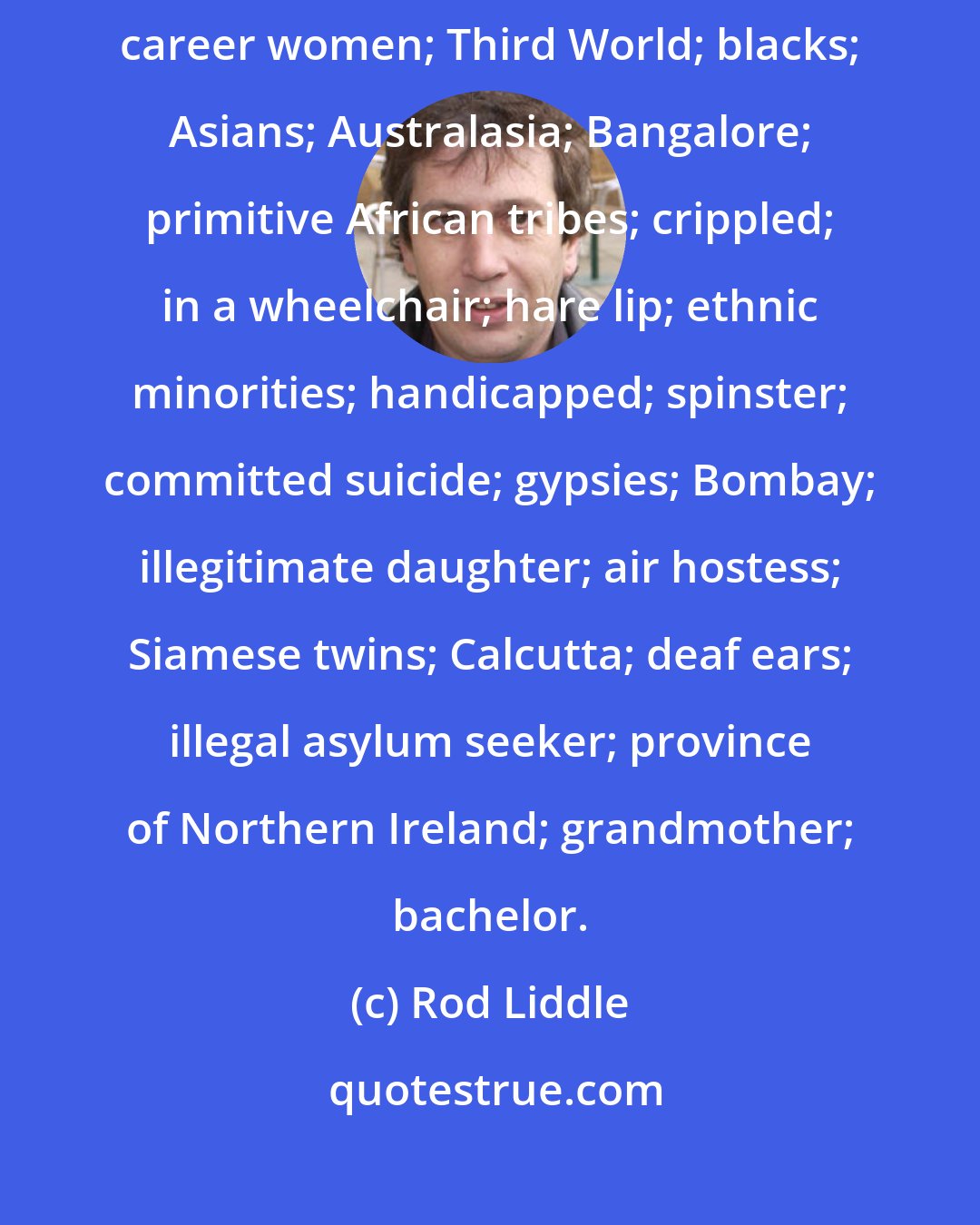 Rod Liddle: Here is the full list of the banned words I used: active homosexual; career women; Third World; blacks; Asians; Australasia; Bangalore; primitive African tribes; crippled; in a wheelchair; hare lip; ethnic minorities; handicapped; spinster; committed suicide; gypsies; Bombay; illegitimate daughter; air hostess; Siamese twins; Calcutta; deaf ears; illegal asylum seeker; province of Northern Ireland; grandmother; bachelor.