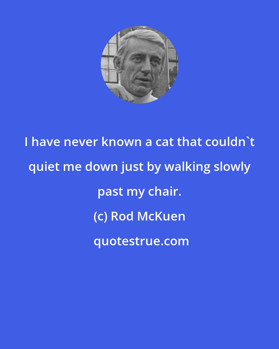 Rod McKuen: I have never known a cat that couldn't quiet me down just by walking slowly past my chair.
