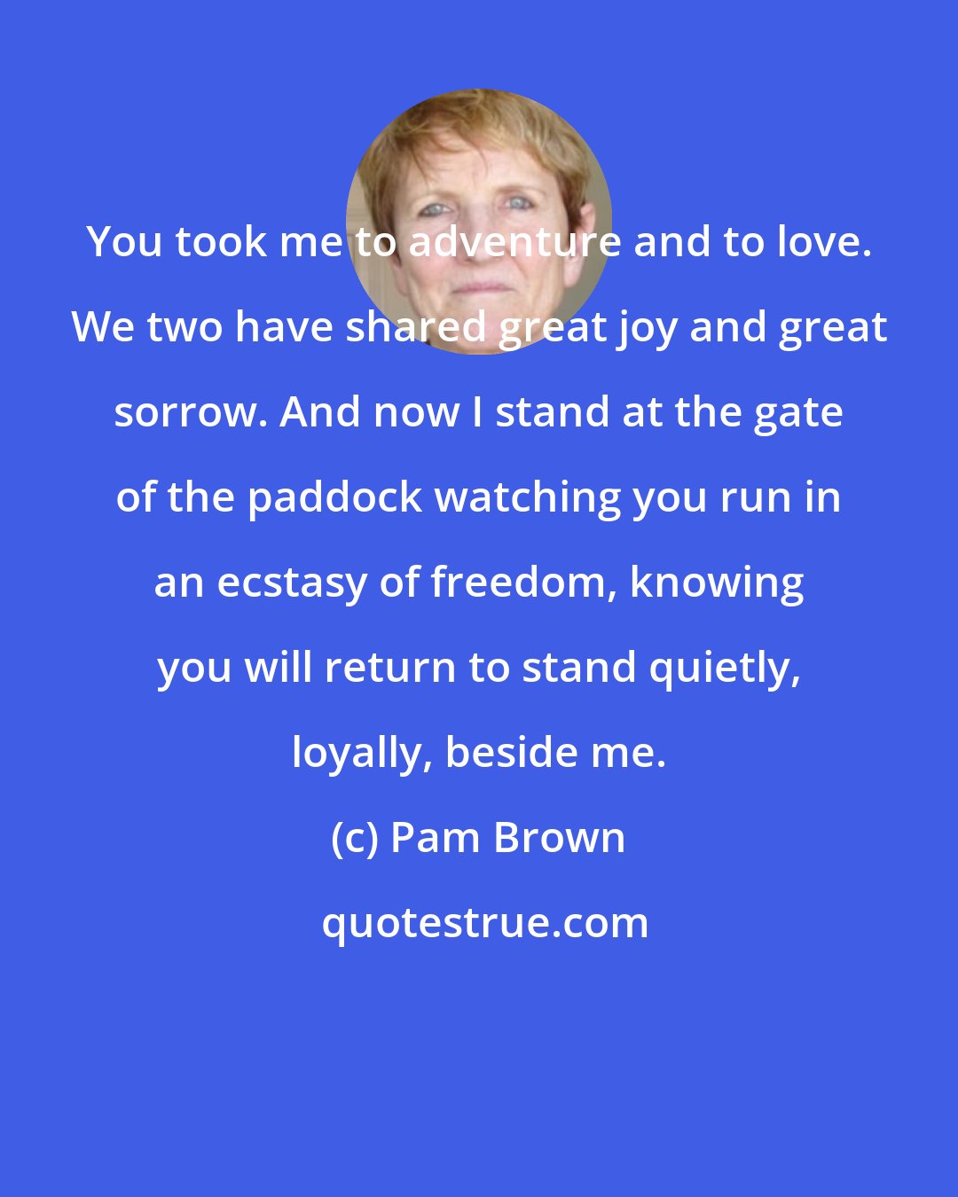 Pam Brown: You took me to adventure and to love. We two have shared great joy and great sorrow. And now I stand at the gate of the paddock watching you run in an ecstasy of freedom, knowing you will return to stand quietly, loyally, beside me.