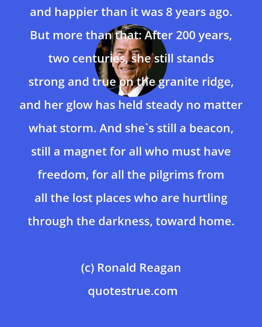 Ronald Reagan: And how stands the city on this winter night? More prosperous, more secure, and happier than it was 8 years ago. But more than that: After 200 years, two centuries, she still stands strong and true on the granite ridge, and her glow has held steady no matter what storm. And she's still a beacon, still a magnet for all who must have freedom, for all the pilgrims from all the lost places who are hurtling through the darkness, toward home.