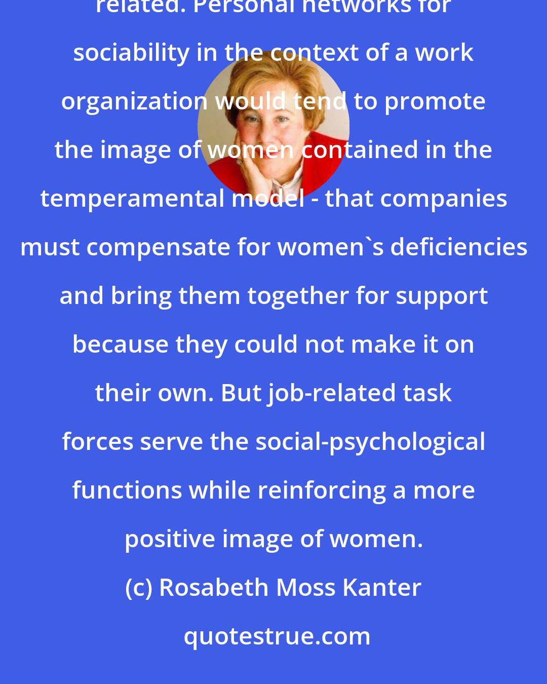 Rosabeth Moss Kanter: if networks of women are formed, they should be job related and task related rather than female-concerns related. Personal networks for sociability in the context of a work organization would tend to promote the image of women contained in the temperamental model - that companies must compensate for women's deficiencies and bring them together for support because they could not make it on their own. But job-related task forces serve the social-psychological functions while reinforcing a more positive image of women.