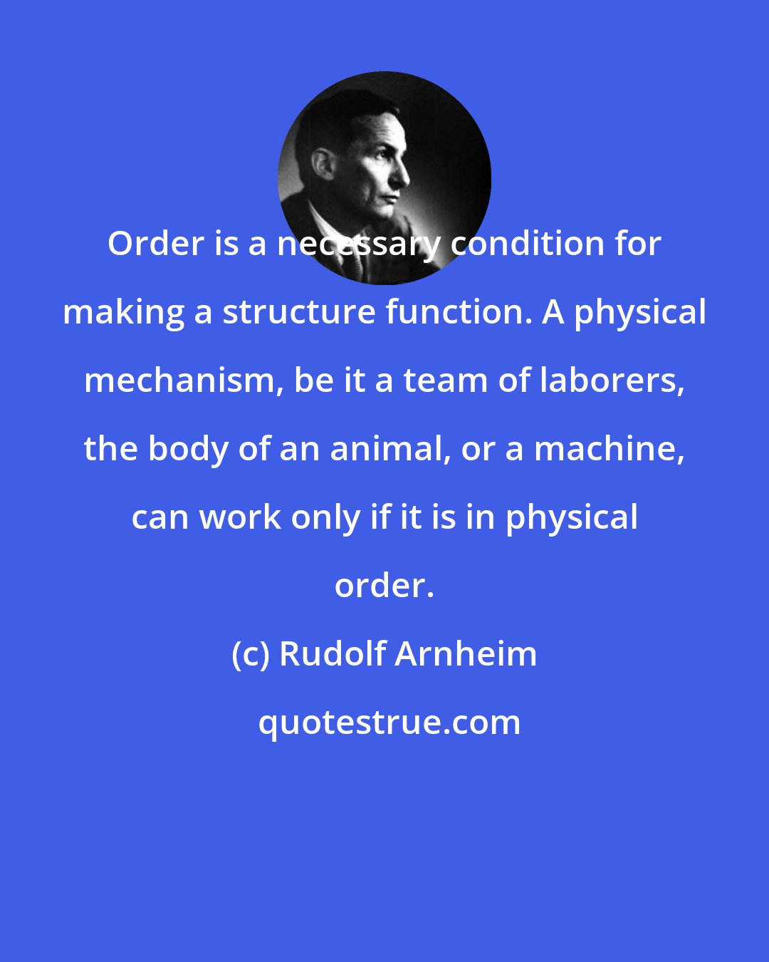 Rudolf Arnheim: Order is a necessary condition for making a structure function. A physical mechanism, be it a team of laborers, the body of an animal, or a machine, can work only if it is in physical order.