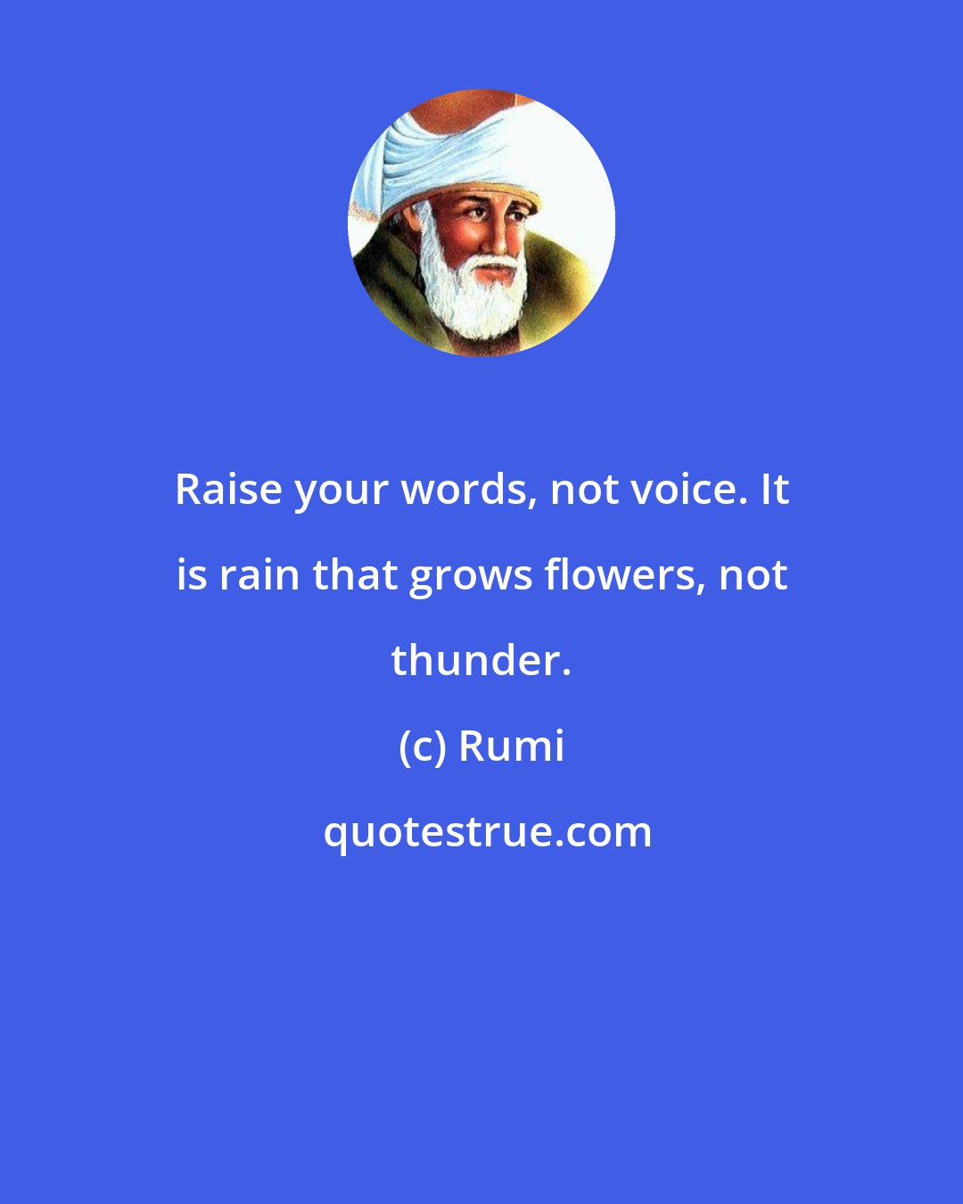 Rumi: Raise your words, not voice. It is rain that grows flowers, not thunder.