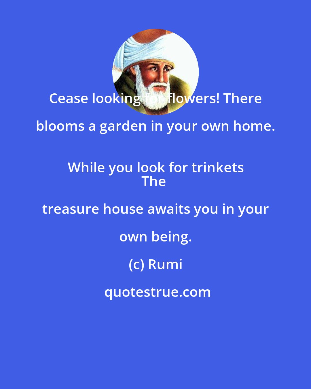 Rumi: Cease looking for flowers! There blooms a garden in your own home. 
While you look for trinkets
The treasure house awaits you in your own being.