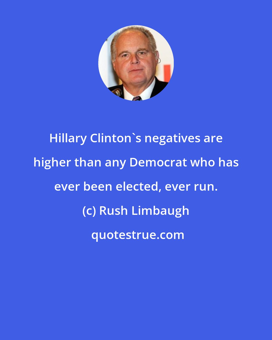 Rush Limbaugh: Hillary Clinton's negatives are higher than any Democrat who has ever been elected, ever run.