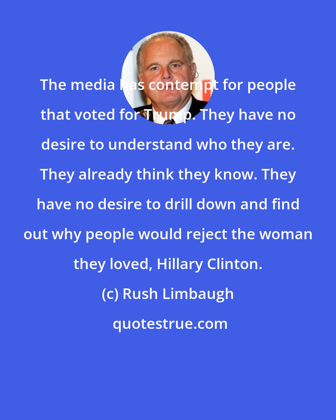 Rush Limbaugh: The media has contempt for people that voted for Trump. They have no desire to understand who they are. They already think they know. They have no desire to drill down and find out why people would reject the woman they loved, Hillary Clinton.