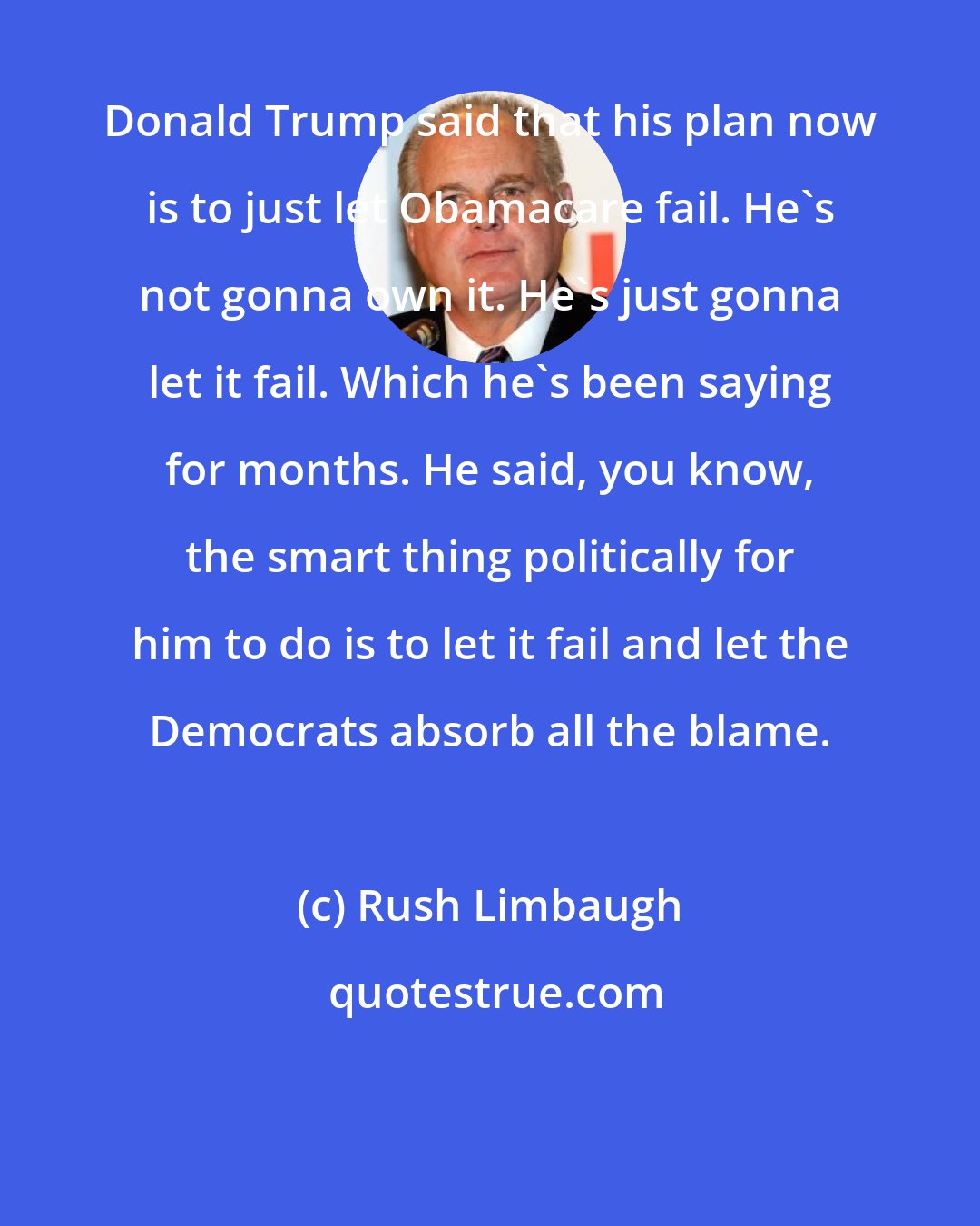 Rush Limbaugh: Donald Trump said that his plan now is to just let Obamacare fail. He's not gonna own it. He's just gonna let it fail. Which he's been saying for months. He said, you know, the smart thing politically for him to do is to let it fail and let the Democrats absorb all the blame.