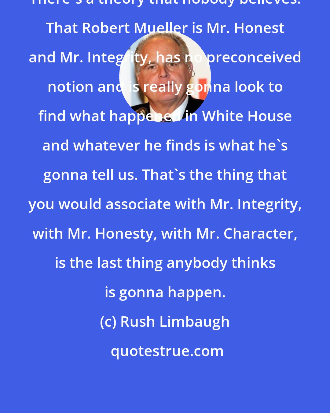 Rush Limbaugh: There's a theory that nobody believes. That Robert Mueller is Mr. Honest and Mr. Integrity, has no preconceived notion and is really gonna look to find what happened in White House and whatever he finds is what he's gonna tell us. That's the thing that you would associate with Mr. Integrity, with Mr. Honesty, with Mr. Character, is the last thing anybody thinks is gonna happen.