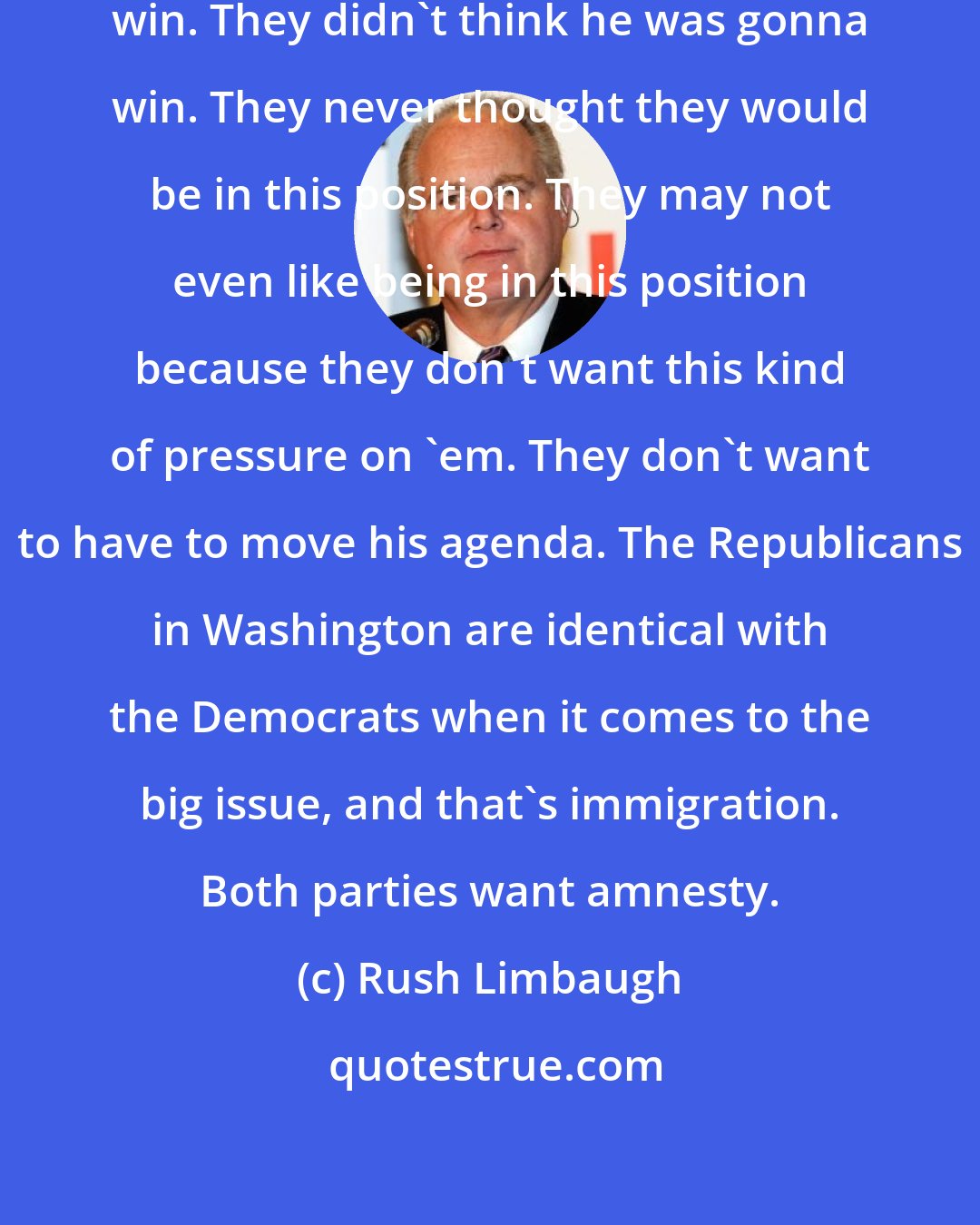 Rush Limbaugh: They didn't want Donald Trump to win. They didn't think he was gonna win. They never thought they would be in this position. They may not even like being in this position because they don't want this kind of pressure on 'em. They don't want to have to move his agenda. The Republicans in Washington are identical with the Democrats when it comes to the big issue, and that's immigration. Both parties want amnesty.