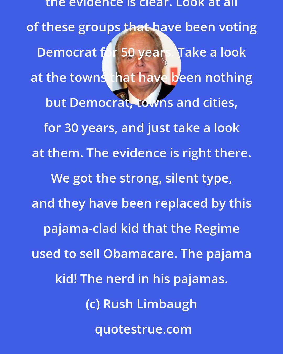 Rush Limbaugh: The worst thing you can do is to turn over your life to a political party that simply is going to use you. And the evidence is clear. Look at all of these groups that have been voting Democrat for 50 years. Take a look at the towns that have been nothing but Democrat, towns and cities, for 30 years, and just take a look at them. The evidence is right there. We got the strong, silent type, and they have been replaced by this pajama-clad kid that the Regime used to sell Obamacare. The pajama kid! The nerd in his pajamas.
