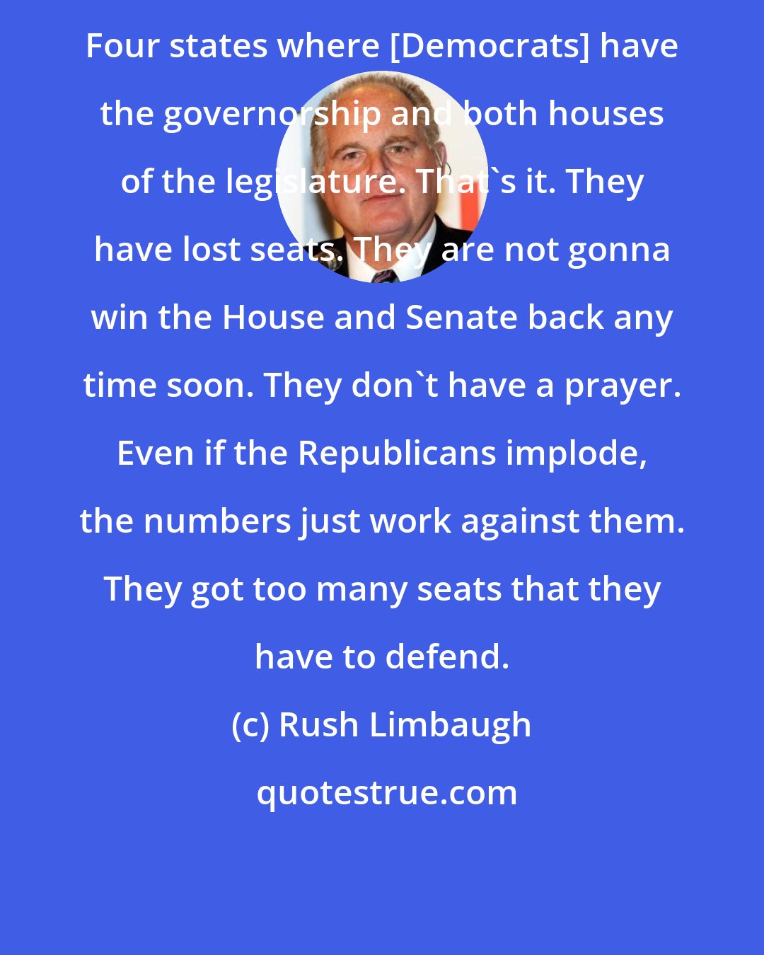Rush Limbaugh: Four states where [Democrats] have the governorship and both houses of the legislature. That's it. They have lost seats. They are not gonna win the House and Senate back any time soon. They don't have a prayer. Even if the Republicans implode, the numbers just work against them. They got too many seats that they have to defend.