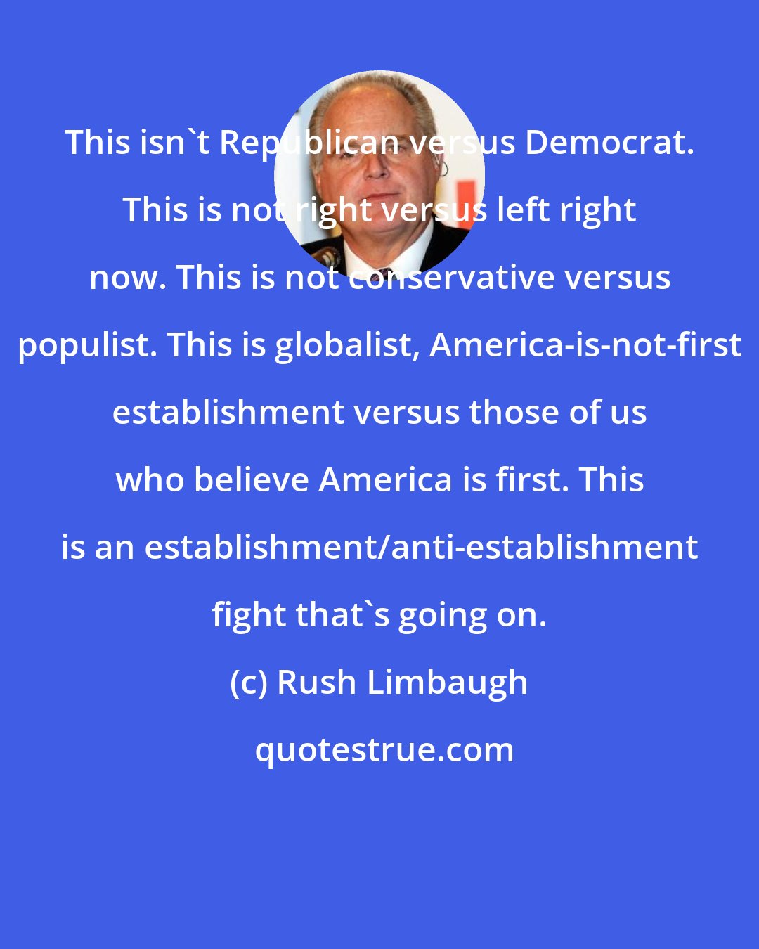 Rush Limbaugh: This isn't Republican versus Democrat. This is not right versus left right now. This is not conservative versus populist. This is globalist, America-is-not-first establishment versus those of us who believe America is first. This is an establishment/anti-establishment fight that's going on.