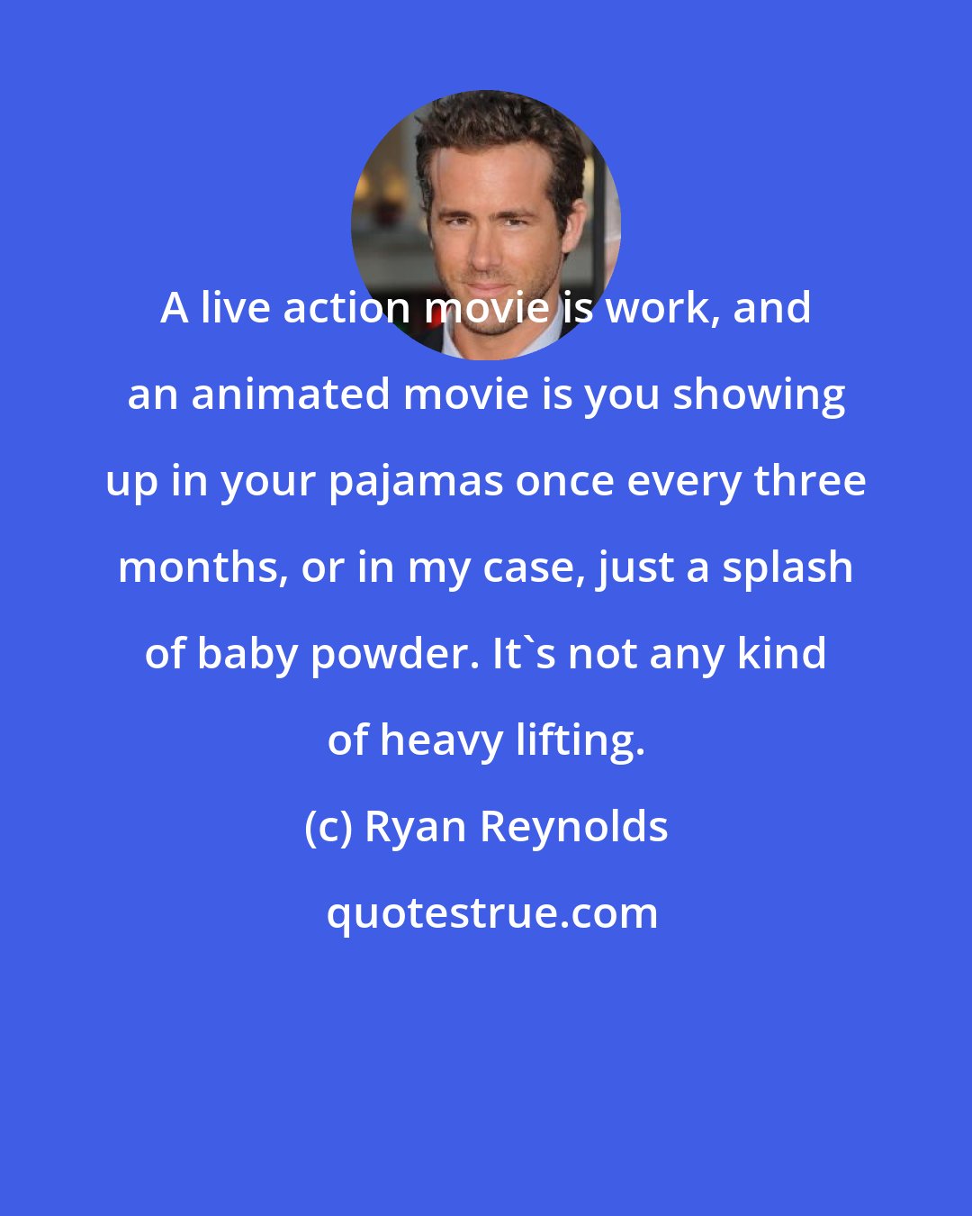 Ryan Reynolds: A live action movie is work, and an animated movie is you showing up in your pajamas once every three months, or in my case, just a splash of baby powder. It's not any kind of heavy lifting.