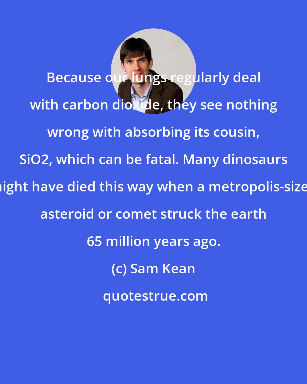 Sam Kean: Because our lungs regularly deal with carbon dioxide, they see nothing wrong with absorbing its cousin, SiO2, which can be fatal. Many dinosaurs might have died this way when a metropolis-sized asteroid or comet struck the earth 65 million years ago.