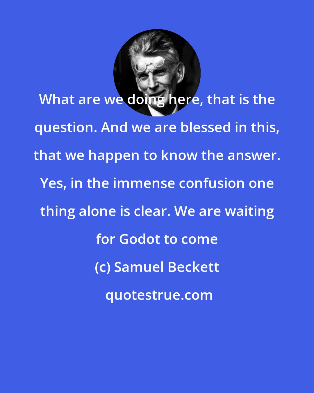 Samuel Beckett: What are we doing here, that is the question. And we are blessed in this, that we happen to know the answer. Yes, in the immense confusion one thing alone is clear. We are waiting for Godot to come