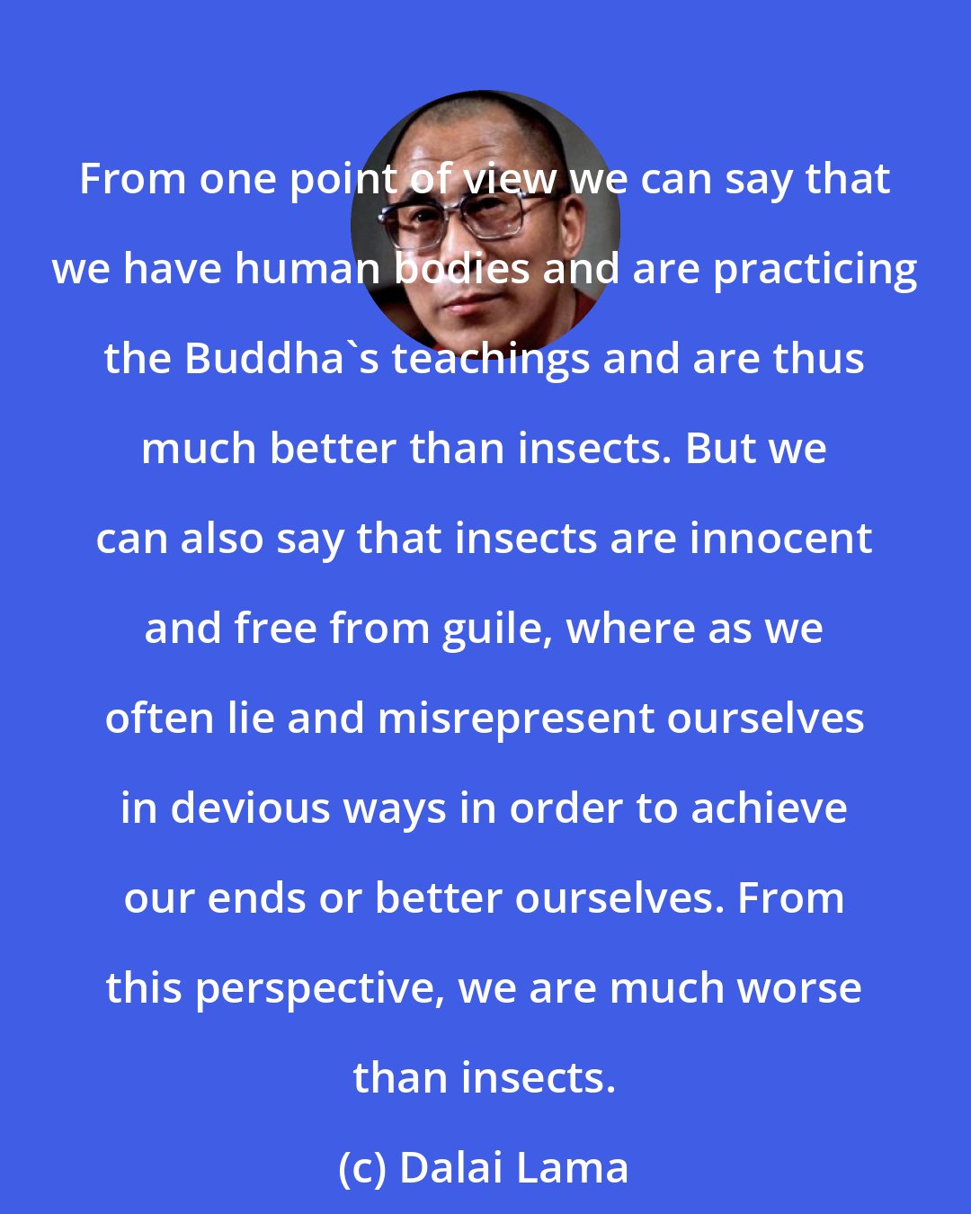 Dalai Lama: From one point of view we can say that we have human bodies and are practicing the Buddha's teachings and are thus much better than insects. But we can also say that insects are innocent and free from guile, where as we often lie and misrepresent ourselves in devious ways in order to achieve our ends or better ourselves. From this perspective, we are much worse than insects.