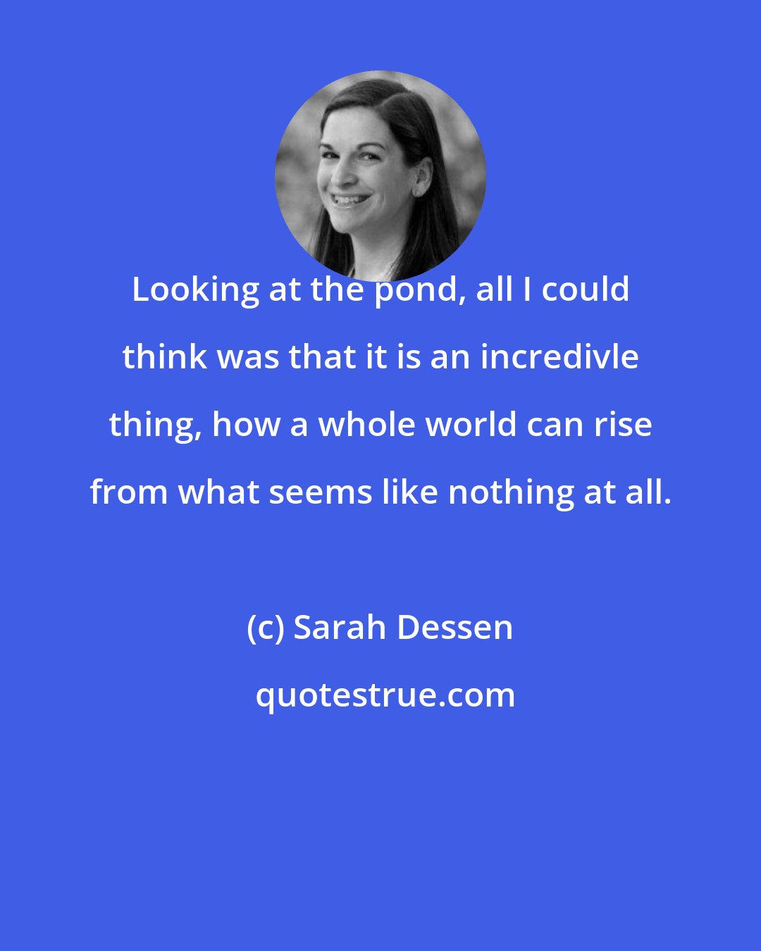 Sarah Dessen: Looking at the pond, all I could think was that it is an incredivle thing, how a whole world can rise from what seems like nothing at all.