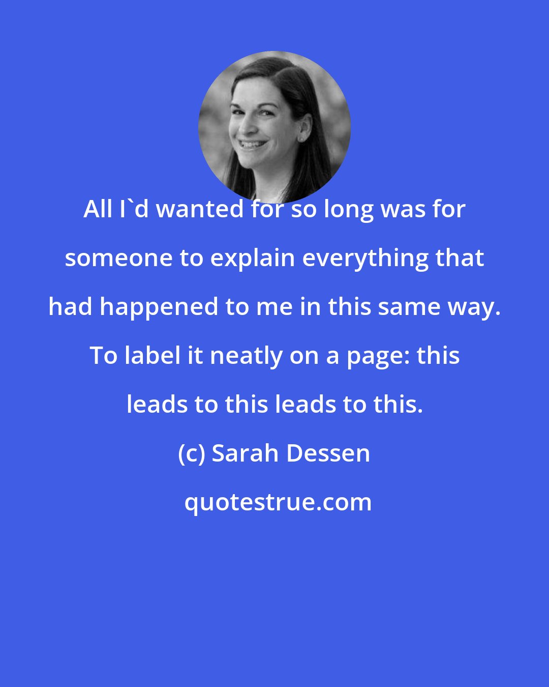 Sarah Dessen: All I'd wanted for so long was for someone to explain everything that had happened to me in this same way. To label it neatly on a page: this leads to this leads to this.