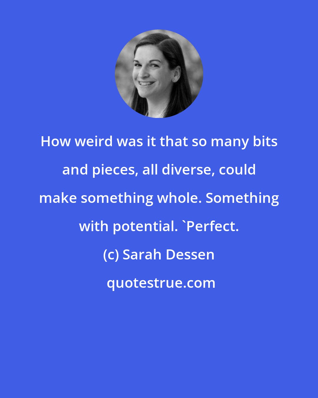 Sarah Dessen: How weird was it that so many bits and pieces, all diverse, could make something whole. Something with potential. 'Perfect.