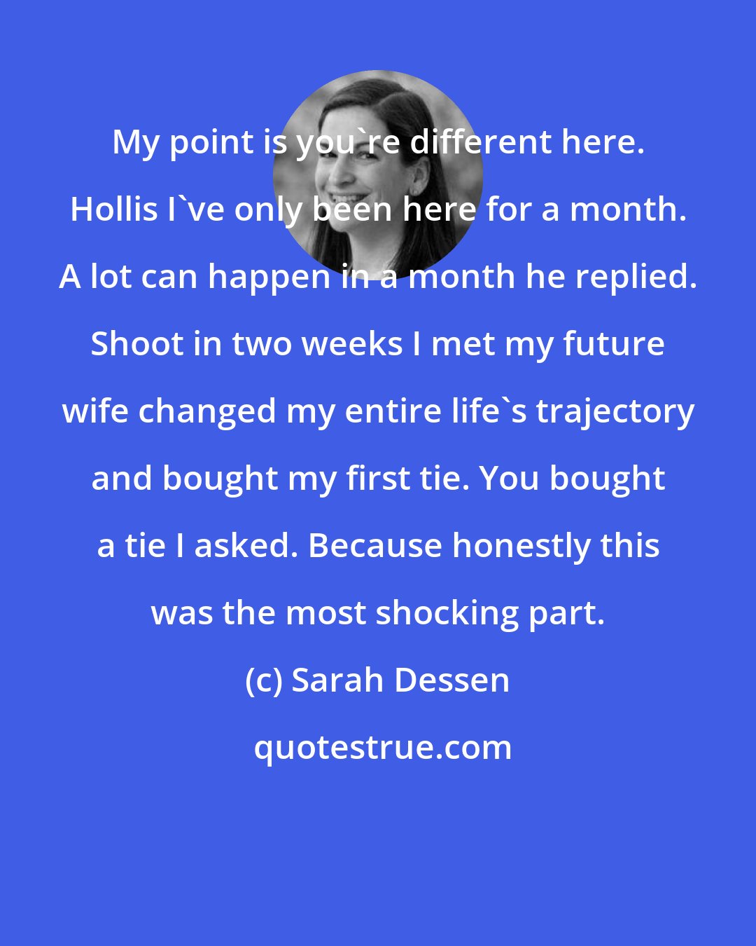 Sarah Dessen: My point is you're different here. Hollis I've only been here for a month. A lot can happen in a month he replied. Shoot in two weeks I met my future wife changed my entire life's trajectory and bought my first tie. You bought a tie I asked. Because honestly this was the most shocking part.