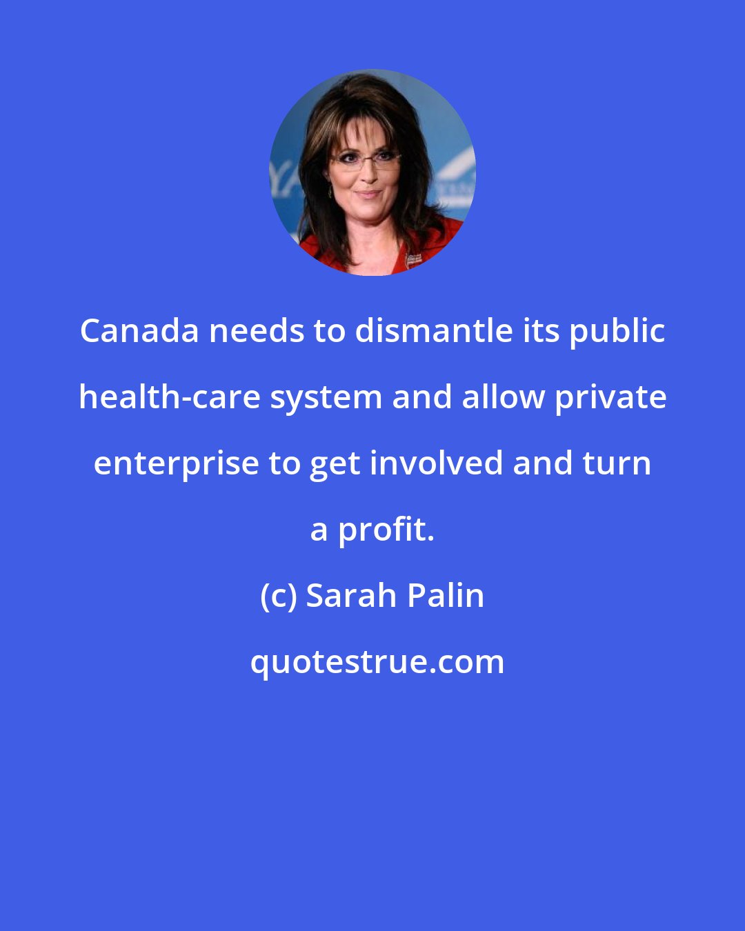 Sarah Palin: Canada needs to dismantle its public health-care system and allow private enterprise to get involved and turn a profit.