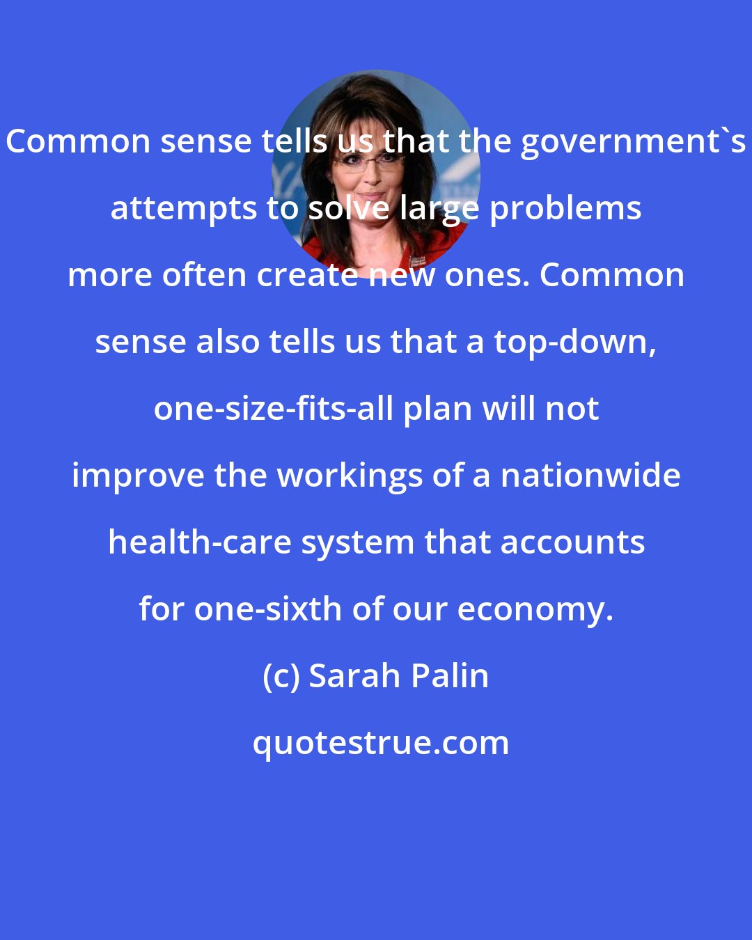 Sarah Palin: Common sense tells us that the government's attempts to solve large problems more often create new ones. Common sense also tells us that a top-down, one-size-fits-all plan will not improve the workings of a nationwide health-care system that accounts for one-sixth of our economy.