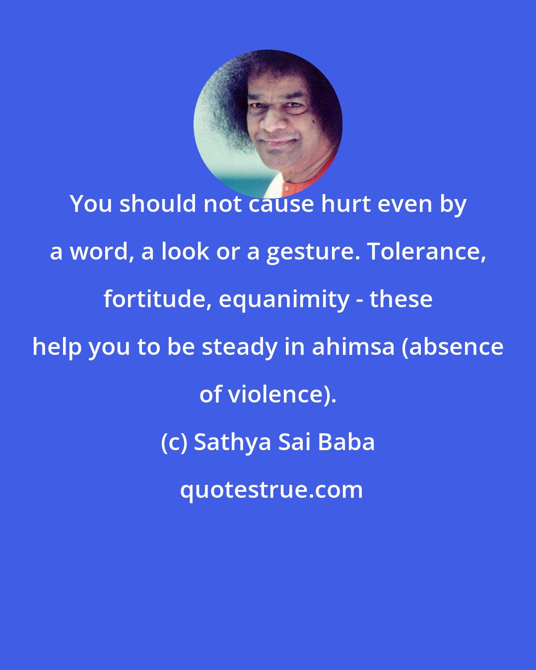 Sathya Sai Baba: You should not cause hurt even by a word, a look or a gesture. Tolerance, fortitude, equanimity - these help you to be steady in ahimsa (absence of violence).