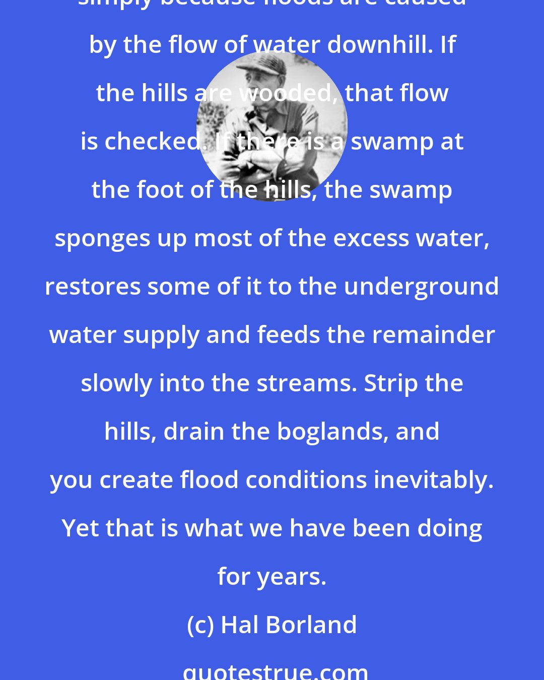 Hal Borland: When we talk of flood control, we usually think of dams and deeper river channels, to impound the waters or hurry their run-off. Yet neither is the ultimate solution, simply because floods are caused by the flow of water downhill. If the hills are wooded, that flow is checked. If there is a swamp at the foot of the hills, the swamp sponges up most of the excess water, restores some of it to the underground water supply and feeds the remainder slowly into the streams. Strip the hills, drain the boglands, and you create flood conditions inevitably. Yet that is what we have been doing for years.