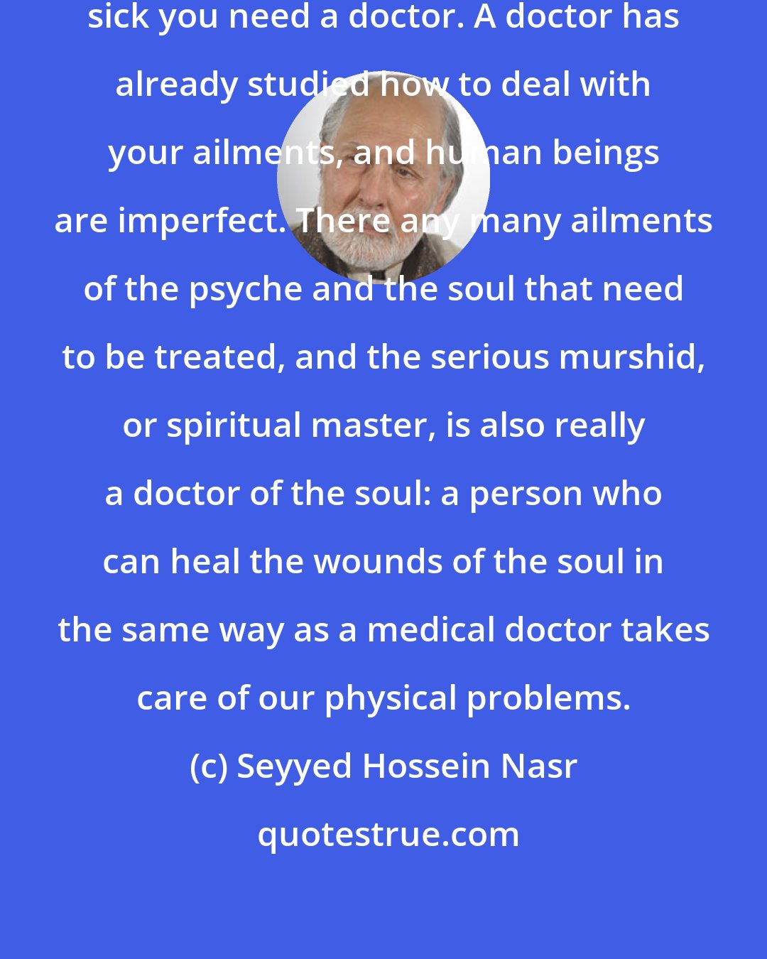 Seyyed Hossein Nasr: In the field of medicine, if you're sick you need a doctor. A doctor has already studied how to deal with your ailments, and human beings are imperfect. There any many ailments of the psyche and the soul that need to be treated, and the serious murshid, or spiritual master, is also really a doctor of the soul: a person who can heal the wounds of the soul in the same way as a medical doctor takes care of our physical problems.