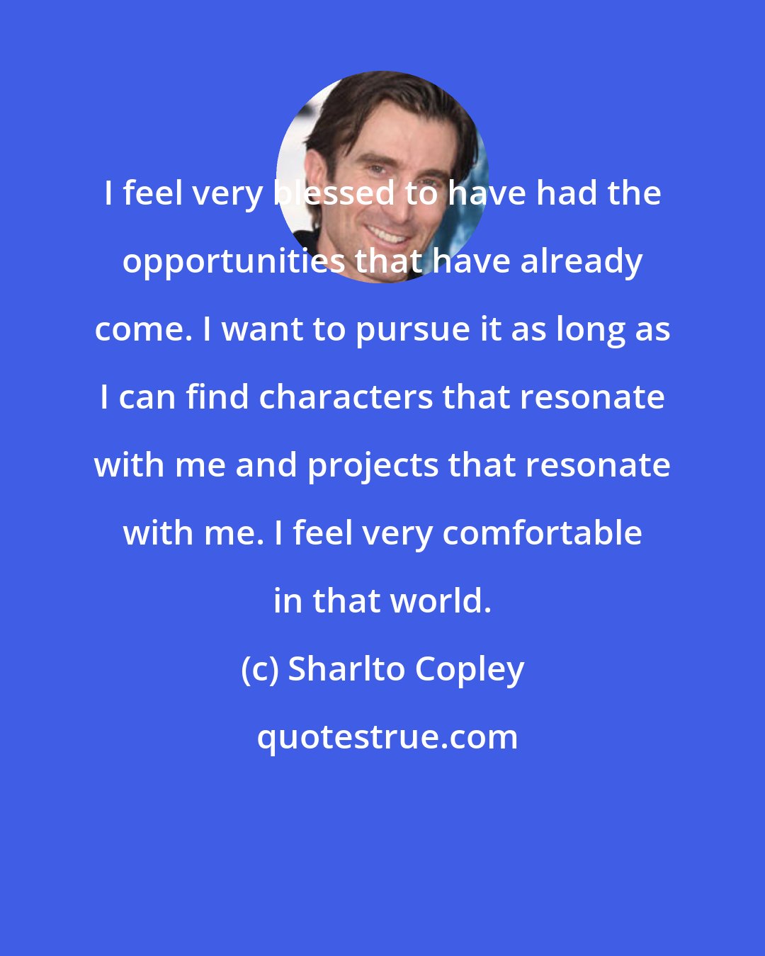 Sharlto Copley: I feel very blessed to have had the opportunities that have already come. I want to pursue it as long as I can find characters that resonate with me and projects that resonate with me. I feel very comfortable in that world.