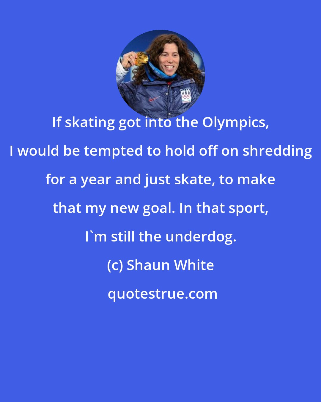 Shaun White: If skating got into the Olympics, I would be tempted to hold off on shredding for a year and just skate, to make that my new goal. In that sport, I'm still the underdog.