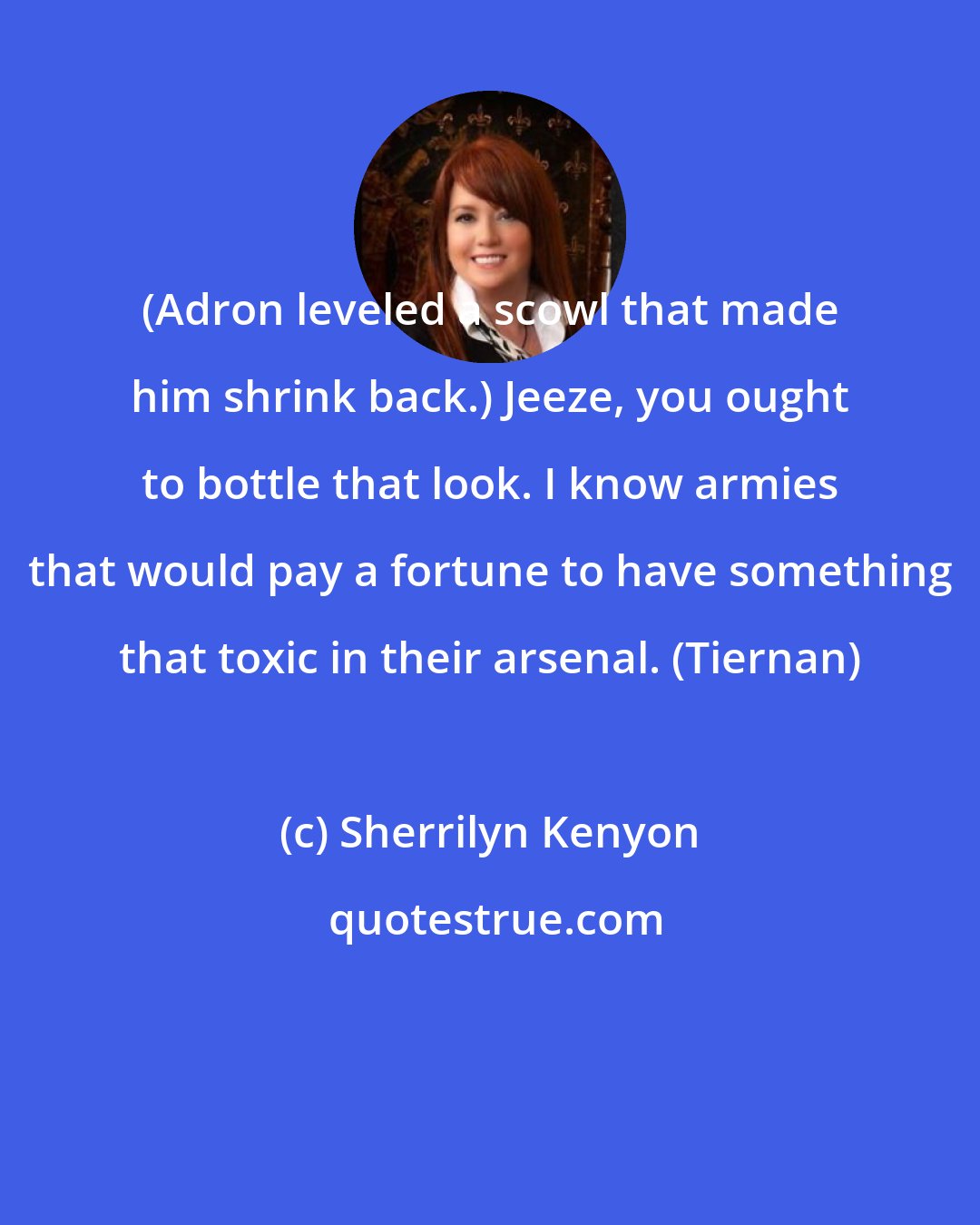 Sherrilyn Kenyon: (Adron leveled a scowl that made him shrink back.) Jeeze, you ought to bottle that look. I know armies that would pay a fortune to have something that toxic in their arsenal. (Tiernan)