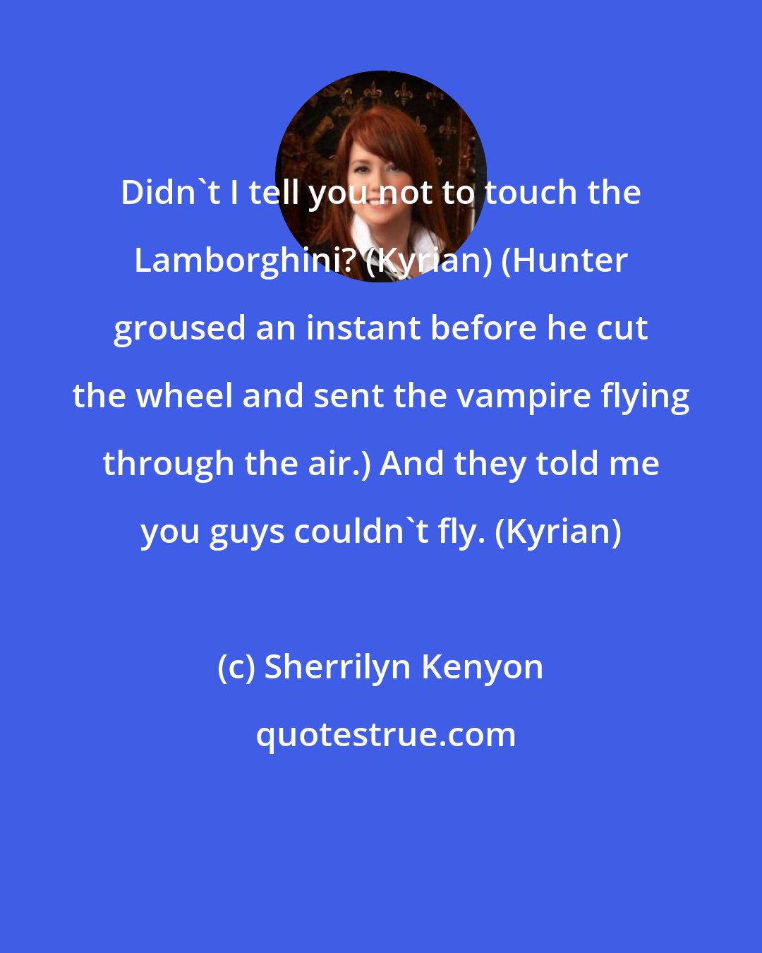 Sherrilyn Kenyon: Didn't I tell you not to touch the Lamborghini? (Kyrian) (Hunter groused an instant before he cut the wheel and sent the vampire flying through the air.) And they told me you guys couldn't fly. (Kyrian)