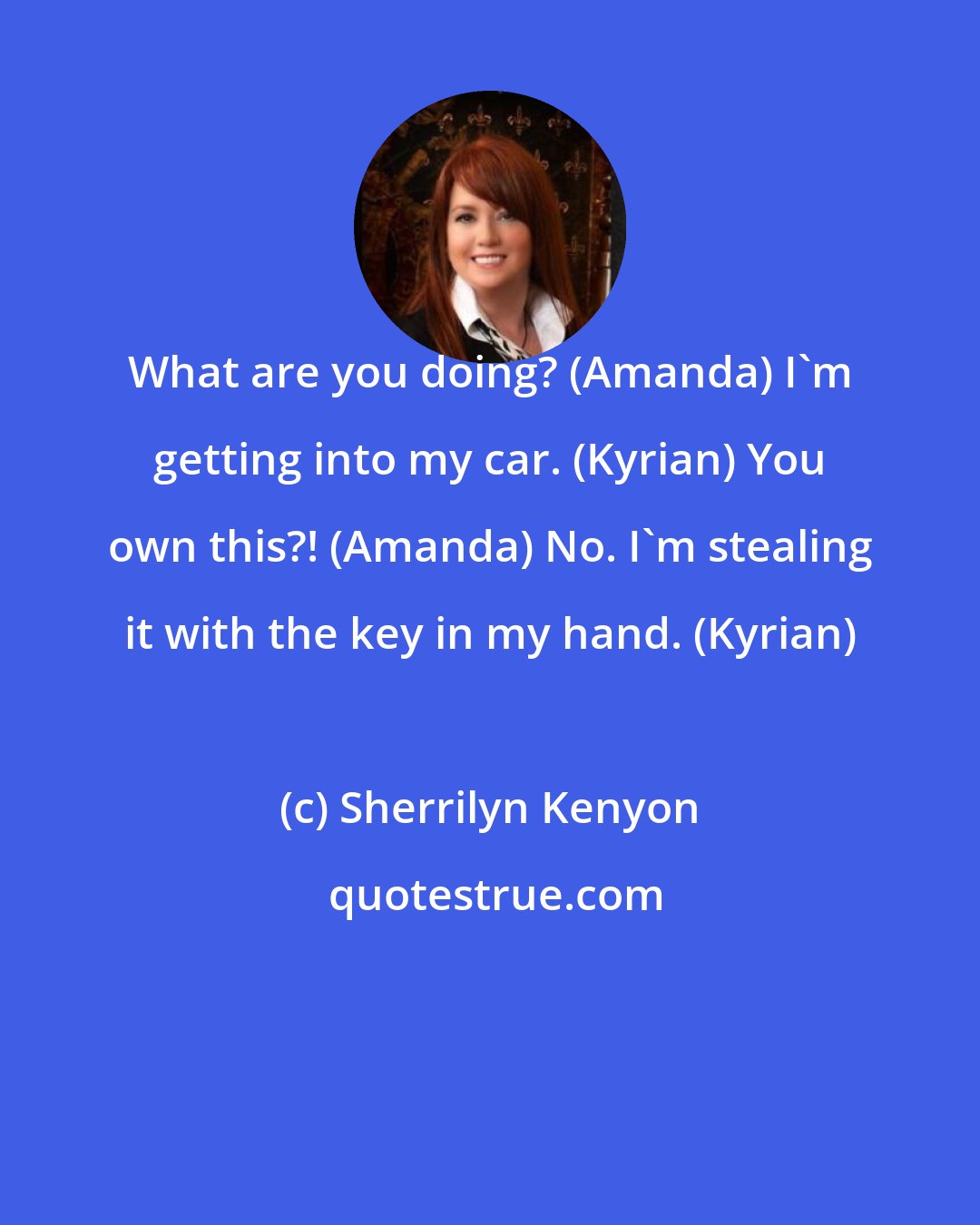 Sherrilyn Kenyon: What are you doing? (Amanda) I'm getting into my car. (Kyrian) You own this?! (Amanda) No. I'm stealing it with the key in my hand. (Kyrian)