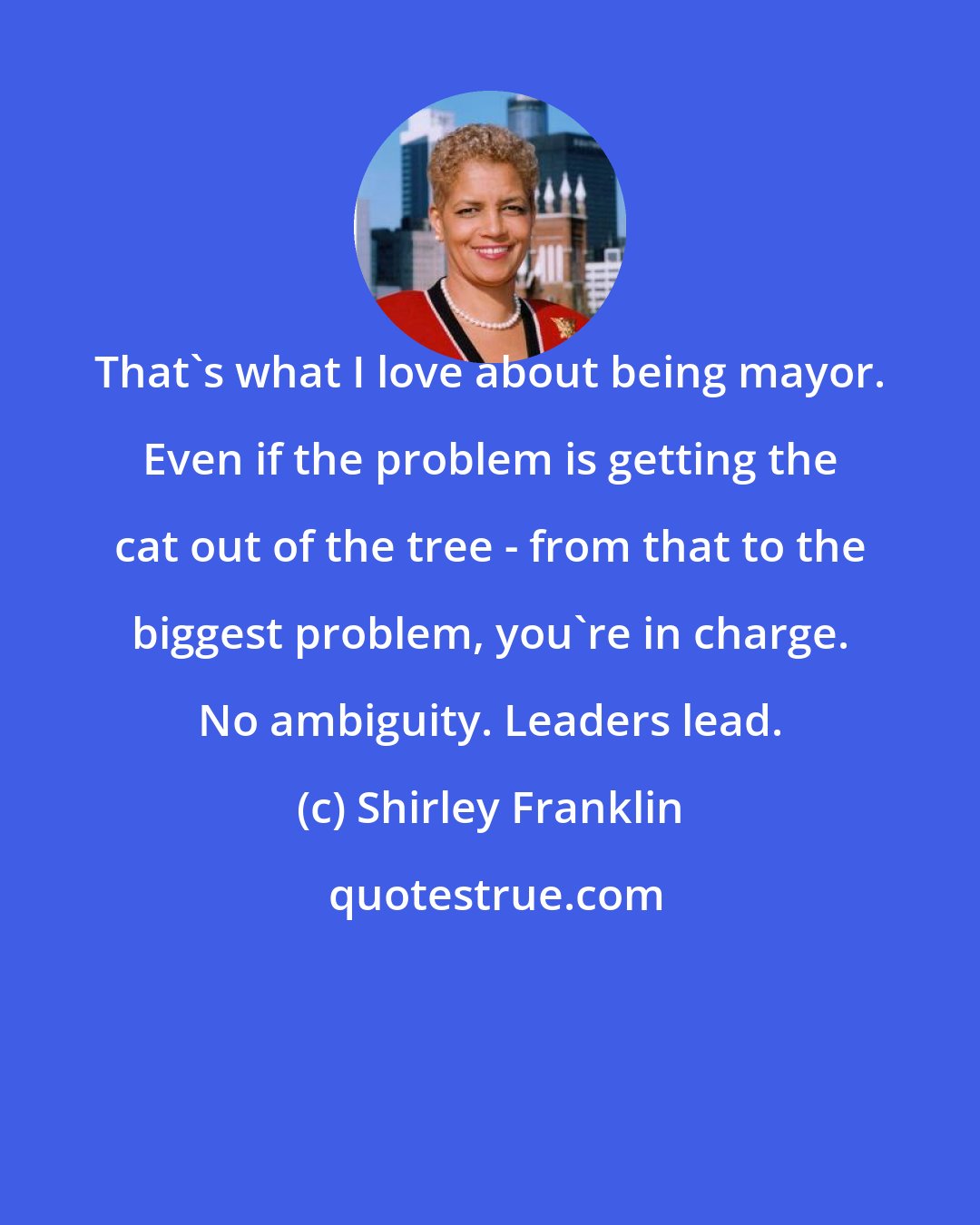 Shirley Franklin: That's what I love about being mayor. Even if the problem is getting the cat out of the tree - from that to the biggest problem, you're in charge. No ambiguity. Leaders lead.