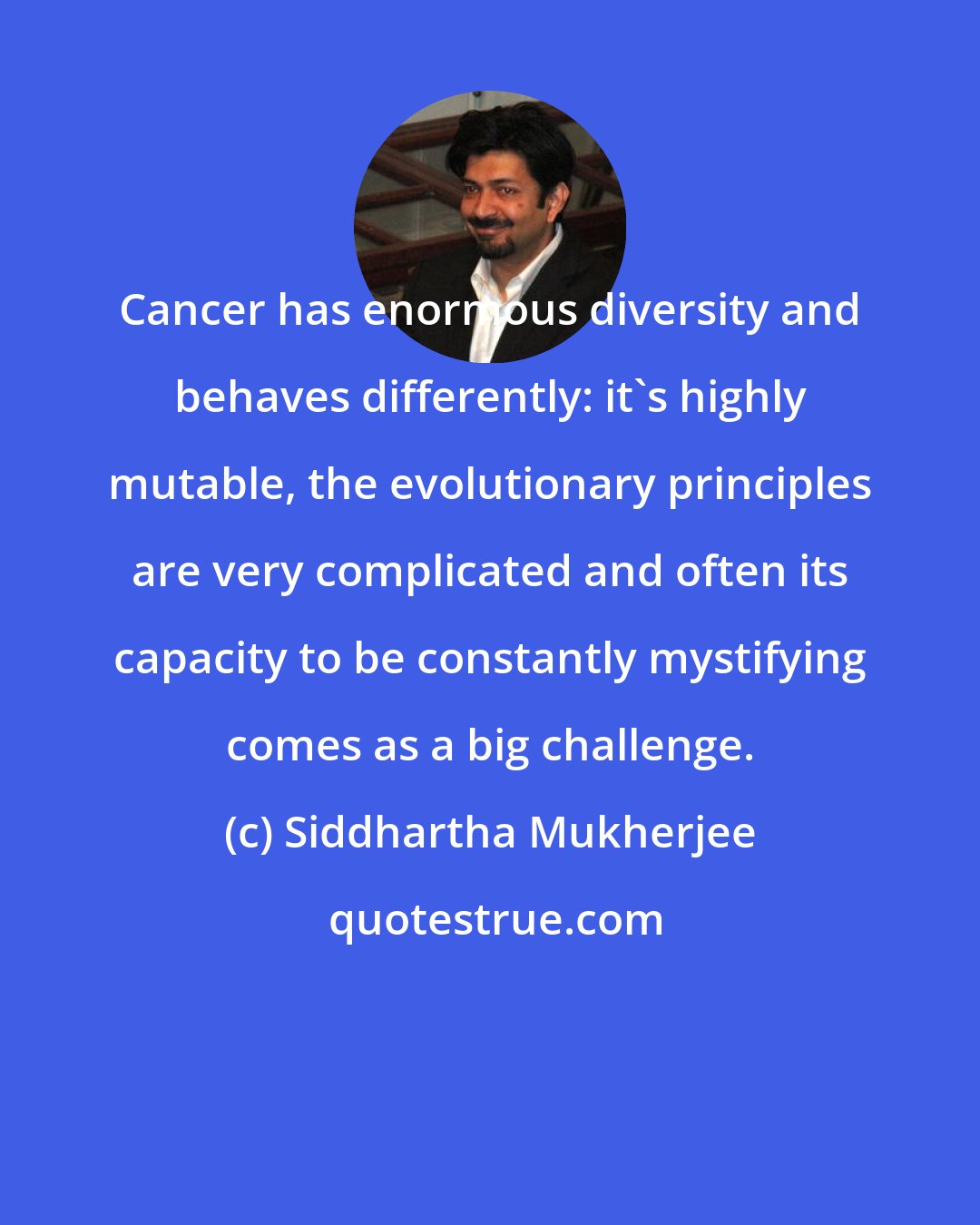Siddhartha Mukherjee: Cancer has enormous diversity and behaves differently: it's highly mutable, the evolutionary principles are very complicated and often its capacity to be constantly mystifying comes as a big challenge.