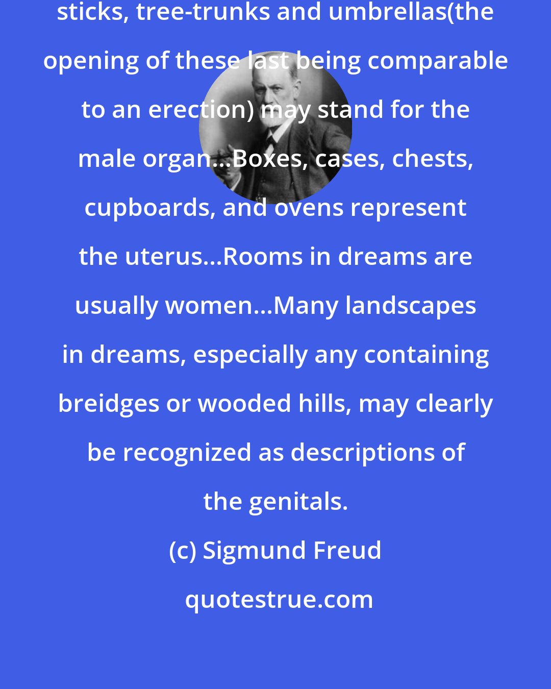 Sigmund Freud: All elongated objects, such as sticks, tree-trunks and umbrellas(the opening of these last being comparable to an erection) may stand for the male organ...Boxes, cases, chests, cupboards, and ovens represent the uterus...Rooms in dreams are usually women...Many landscapes in dreams, especially any containing breidges or wooded hills, may clearly be recognized as descriptions of the genitals.