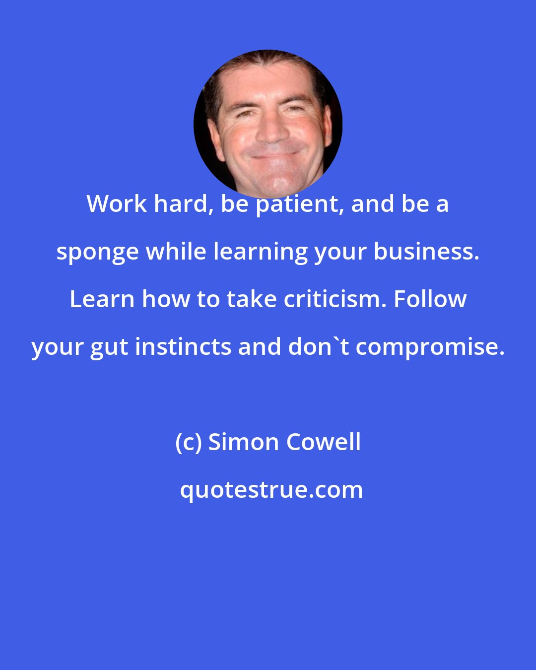 Simon Cowell: Work hard, be patient, and be a sponge while learning your business. Learn how to take criticism. Follow your gut instincts and don't compromise.