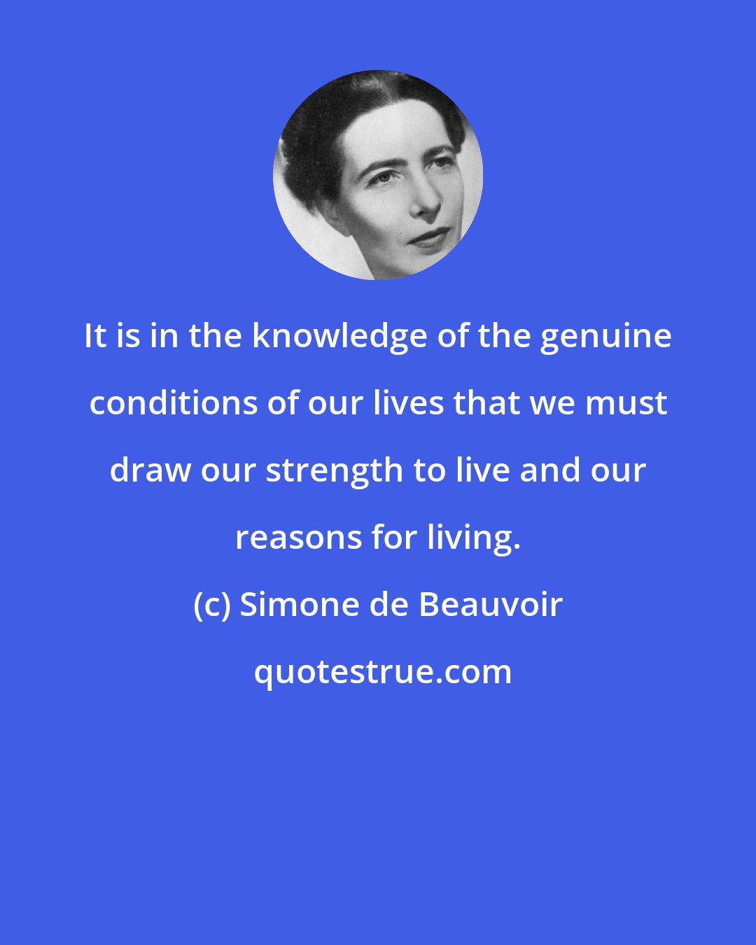 Simone de Beauvoir: It is in the knowledge of the genuine conditions of our lives that we must draw our strength to live and our reasons for living.