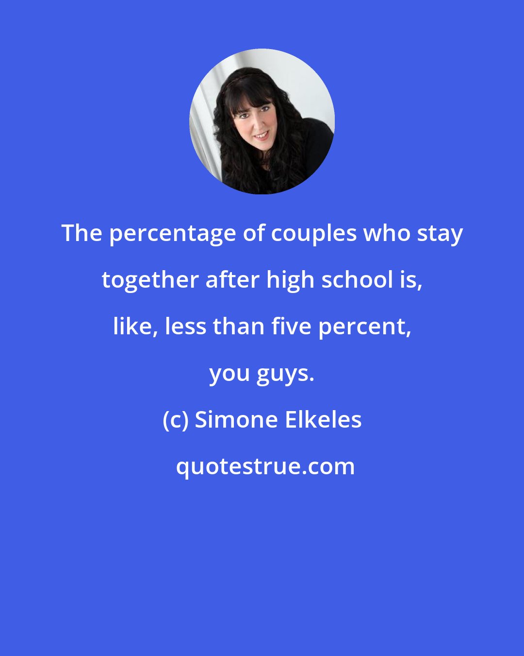 Simone Elkeles: The percentage of couples who stay together after high school is, like, less than five percent, you guys.