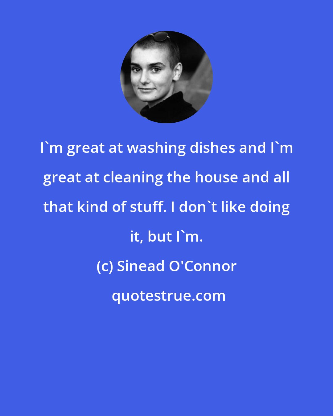 Sinead O'Connor: I'm great at washing dishes and I'm great at cleaning the house and all that kind of stuff. I don't like doing it, but I'm.