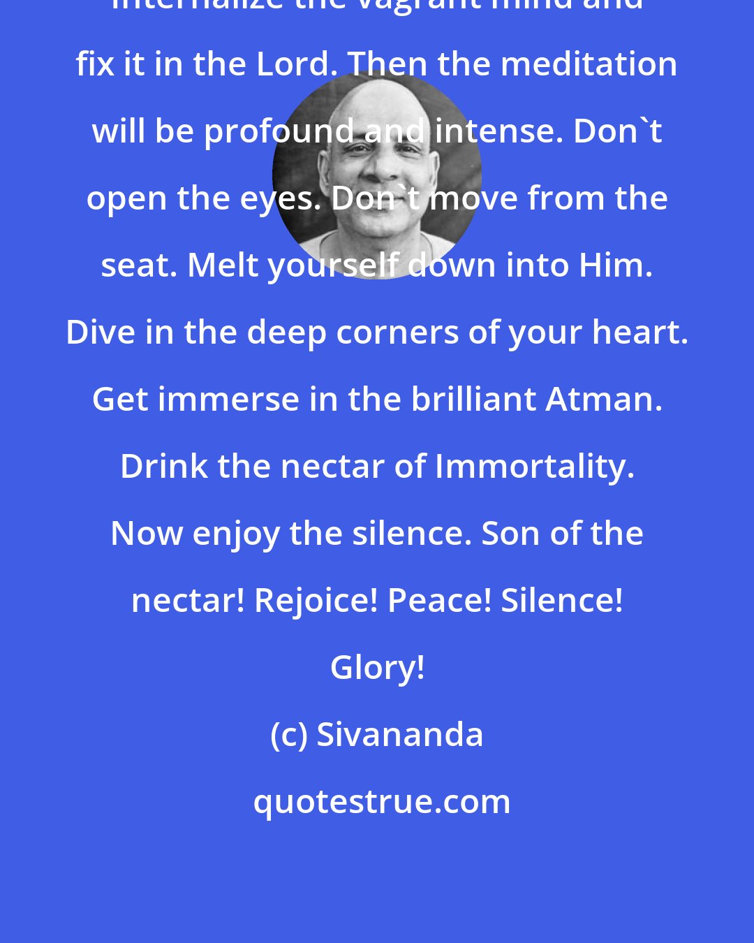 Sivananda: Internalize the vagrant mind and fix it in the Lord. Then the meditation will be profound and intense. Don't open the eyes. Don't move from the seat. Melt yourself down into Him. Dive in the deep corners of your heart. Get immerse in the brilliant Atman. Drink the nectar of Immortality. Now enjoy the silence. Son of the nectar! Rejoice! Peace! Silence! Glory!