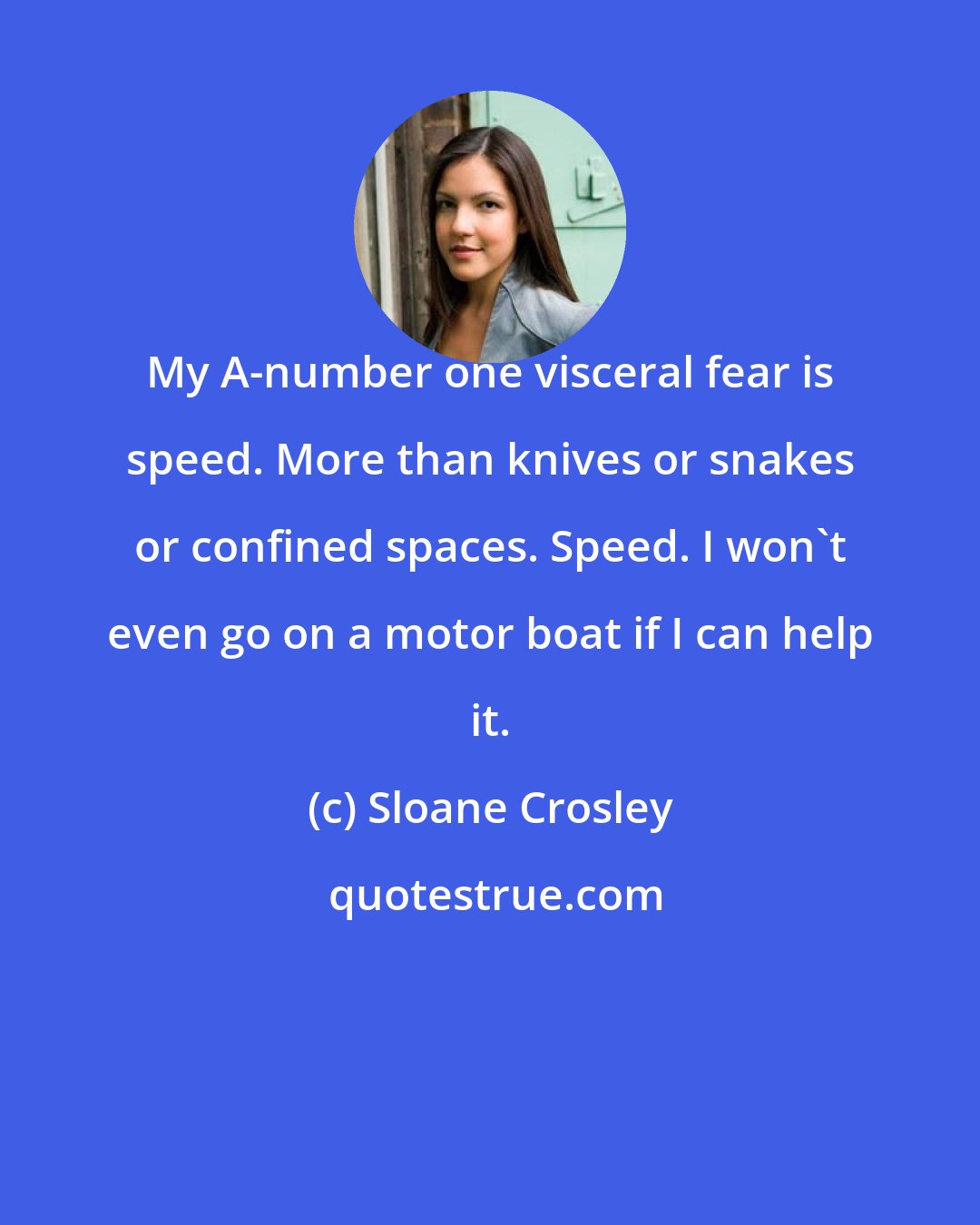 Sloane Crosley: My A-number one visceral fear is speed. More than knives or snakes or confined spaces. Speed. I won't even go on a motor boat if I can help it.