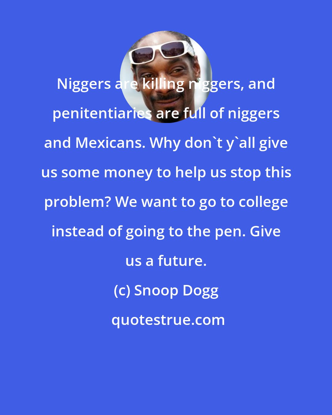 Snoop Dogg: Niggers are killing niggers, and penitentiaries are full of niggers and Mexicans. Why don't y'all give us some money to help us stop this problem? We want to go to college instead of going to the pen. Give us a future.