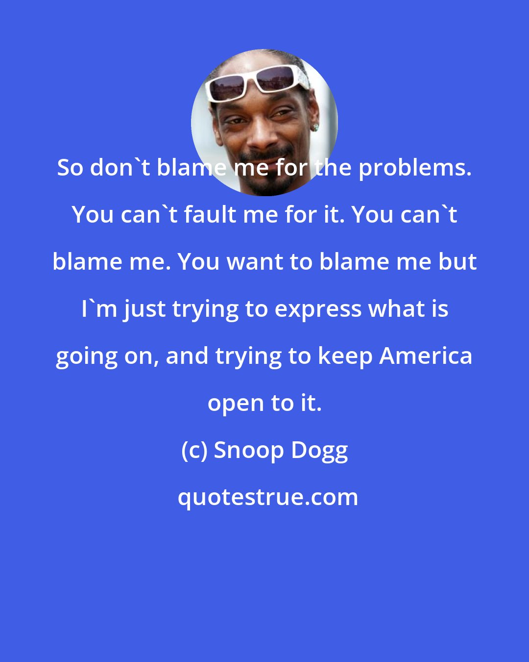 Snoop Dogg: So don't blame me for the problems. You can't fault me for it. You can't blame me. You want to blame me but I'm just trying to express what is going on, and trying to keep America open to it.