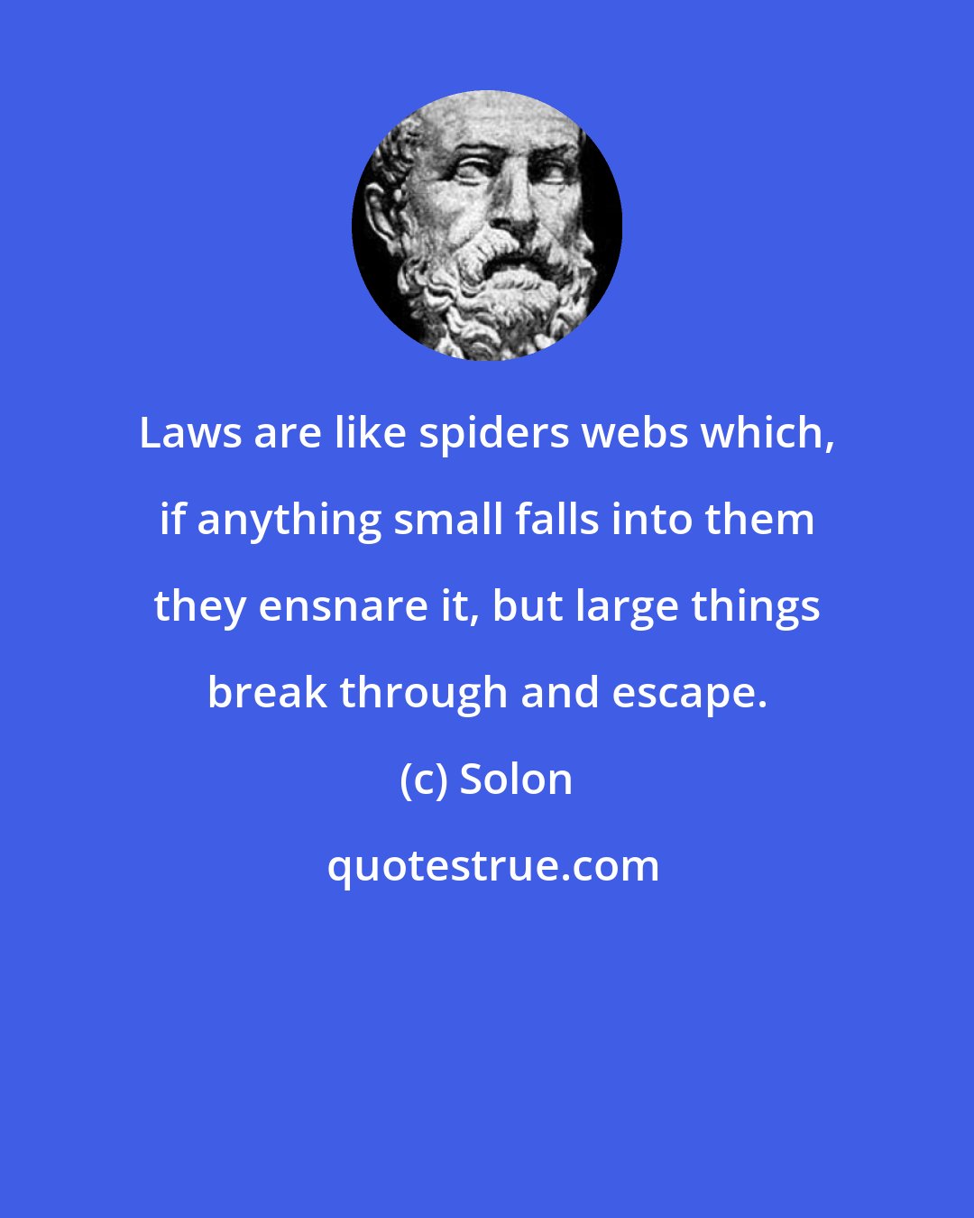 Solon: Laws are like spiders webs which, if anything small falls into them they ensnare it, but large things break through and escape.