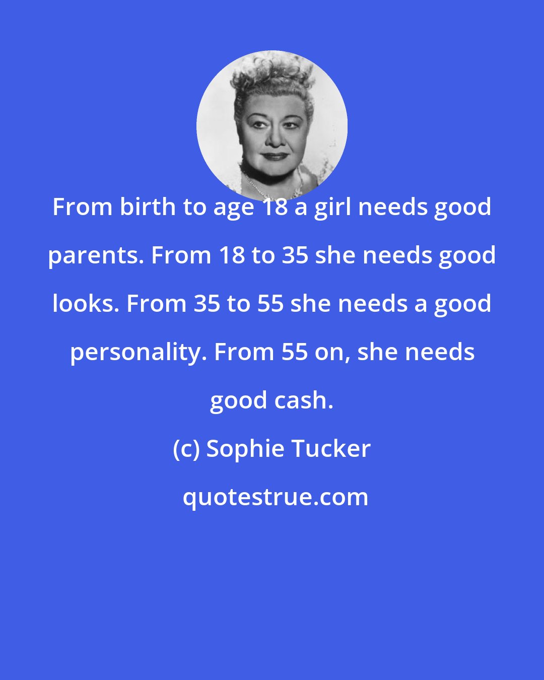 Sophie Tucker: From birth to age 18 a girl needs good parents. From 18 to 35 she needs good looks. From 35 to 55 she needs a good personality. From 55 on, she needs good cash.