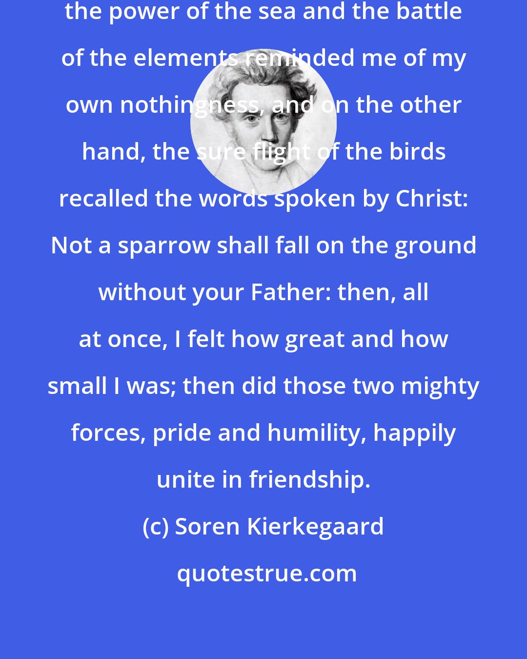 Soren Kierkegaard: As I stood alone and forsaken, and the power of the sea and the battle of the elements reminded me of my own nothingness, and on the other hand, the sure flight of the birds recalled the words spoken by Christ: Not a sparrow shall fall on the ground without your Father: then, all at once, I felt how great and how small I was; then did those two mighty forces, pride and humility, happily unite in friendship.