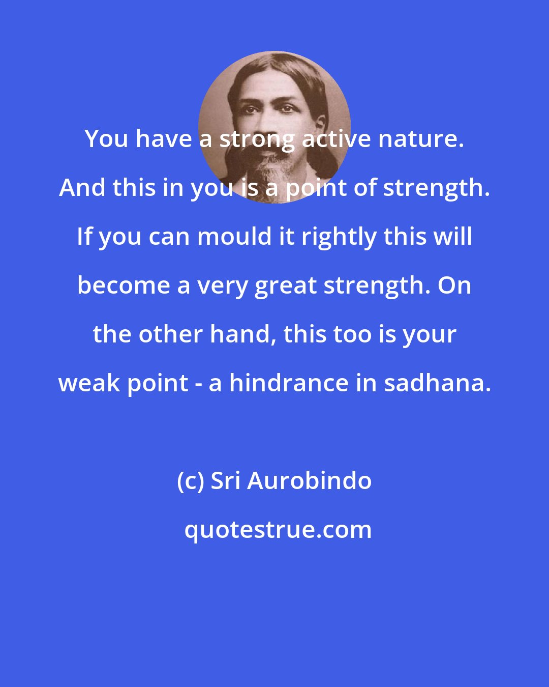 Sri Aurobindo: You have a strong active nature. And this in you is a point of strength. If you can mould it rightly this will become a very great strength. On the other hand, this too is your weak point - a hindrance in sadhana.